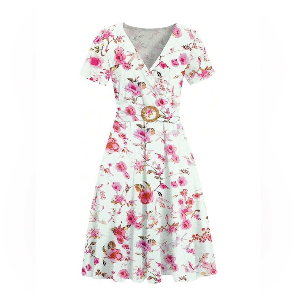 Women's Elegant Criss-Cross V Neck Vintage Short Sleeve Dress with Pockets